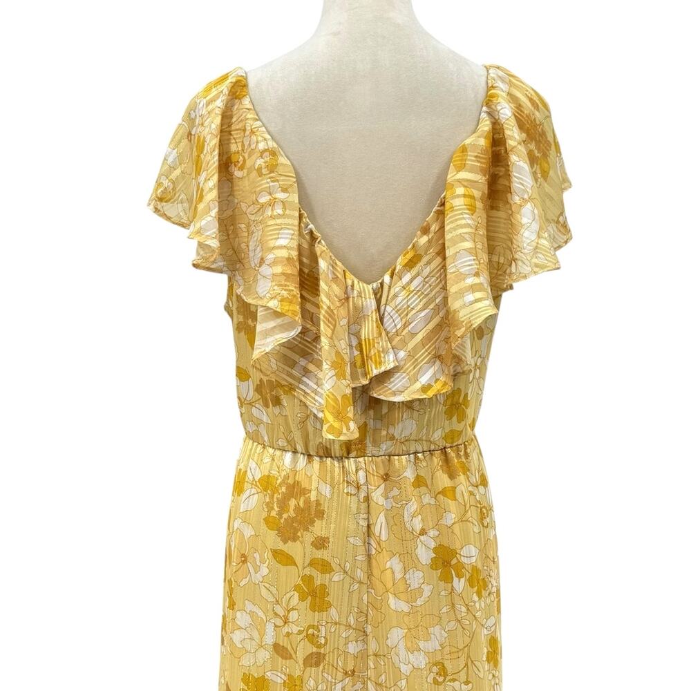 Eloquii Golden Yellow Floral Metallic Stripe Ruffle Sleeveless Maxi Dress - Picture 8 of 13
